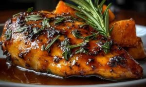 Sweet and savory maple-glazed chicken breasts with caramelized sweet potatoes fresh from the oven in a baking dish