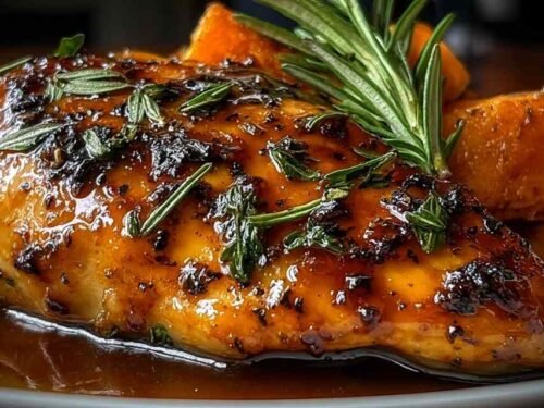 Sweet and savory maple-glazed chicken breasts with caramelized sweet potatoes fresh from the oven in a baking dish