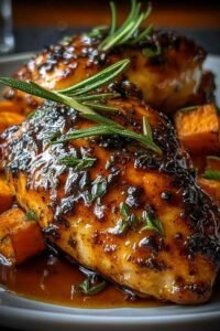 Sweet and savory maple-glazed chicken breasts with caramelized sweet potatoes fresh from the oven in a baking dish