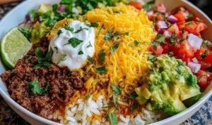 Taco rice bowl with seasoned ground beef, black beans, corn, shredded cheddar, and fresh tomatoes