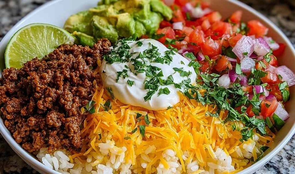 Taco rice bowl with seasoned ground beef, black beans, corn, shredded cheddar, and fresh tomatoes