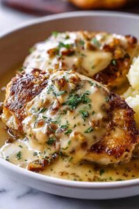 Texas Roadhouse Smothered Chicken topped with melted Monterey Jack cheese and mushroom gravy in a cast iron skillet