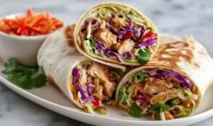 Thai Chicken Wrap with Crunchy Asian Slaw Thai Chicken Wrap with Crunchy Asian Slaw sliced in half and served on a wooden board with peanut sauce drizzle