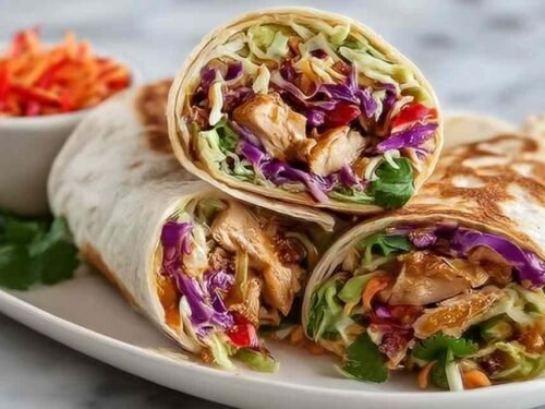 Thai Chicken Wrap with Crunchy Asian Slaw sliced in half and served on a wooden board with peanut sauce drizzle