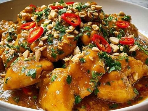 Thai peanut chicken served over jasmine rice with creamy peanut sauce, chopped peanuts, and fresh cilantro