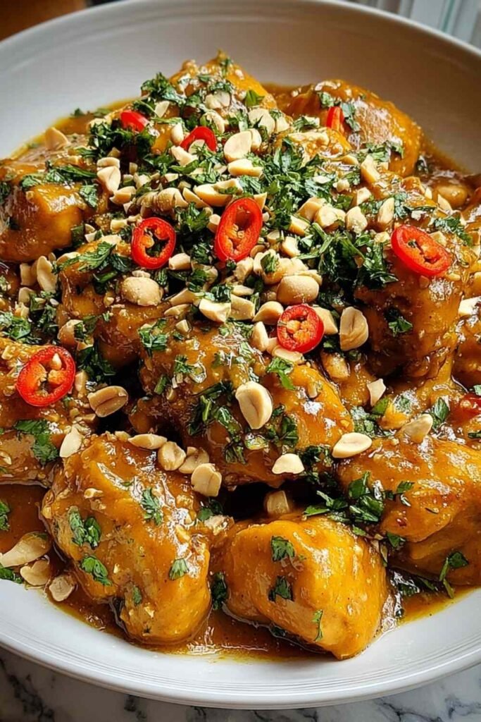 Thai peanut chicken served over jasmine rice with creamy peanut sauce, chopped peanuts, and fresh cilantro