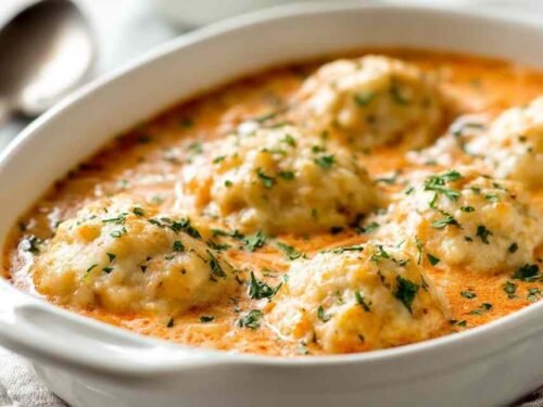 A pot of creamy tomato soup with Cheddar Bay Dumplings on top, brushed with garlic parsley butter