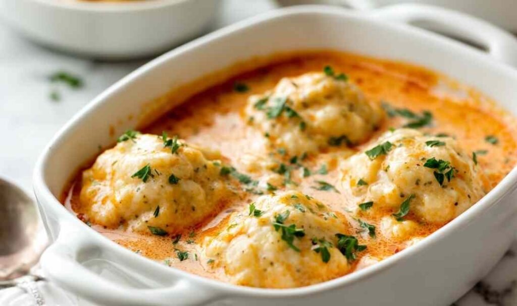 A pot of creamy tomato soup with Cheddar Bay Dumplings on top, brushed with garlic parsley butter