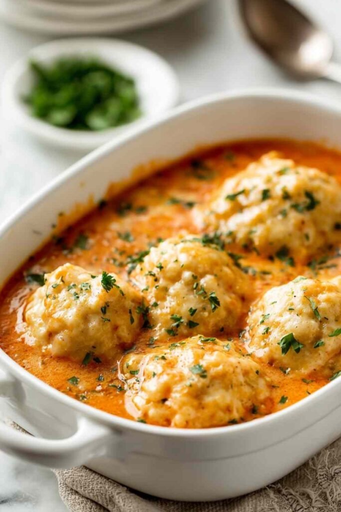 A pot of creamy tomato soup with Cheddar Bay Dumplings on top, brushed with garlic parsley butter
