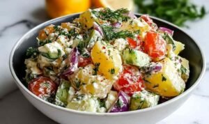 Turkish potato salad with sumac dressing, feta, olives, and fresh parsley in a white serving bowl