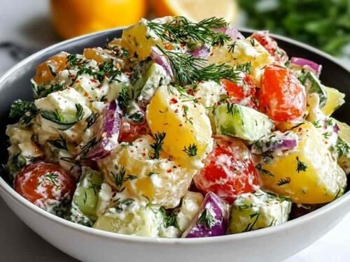 Turkish potato salad with sumac dressing, feta, olives, and fresh parsley in a white serving bowl
