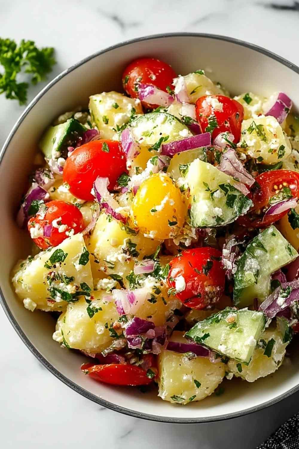 Turkish potato salad with sumac dressing, feta, olives, and fresh parsley in a white serving bowl