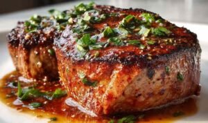 Valentine's Day dinner with a perfectly grilled ribeye steak drizzled with glossy red wine butter sauce and garnished with fresh parsley on a white plate