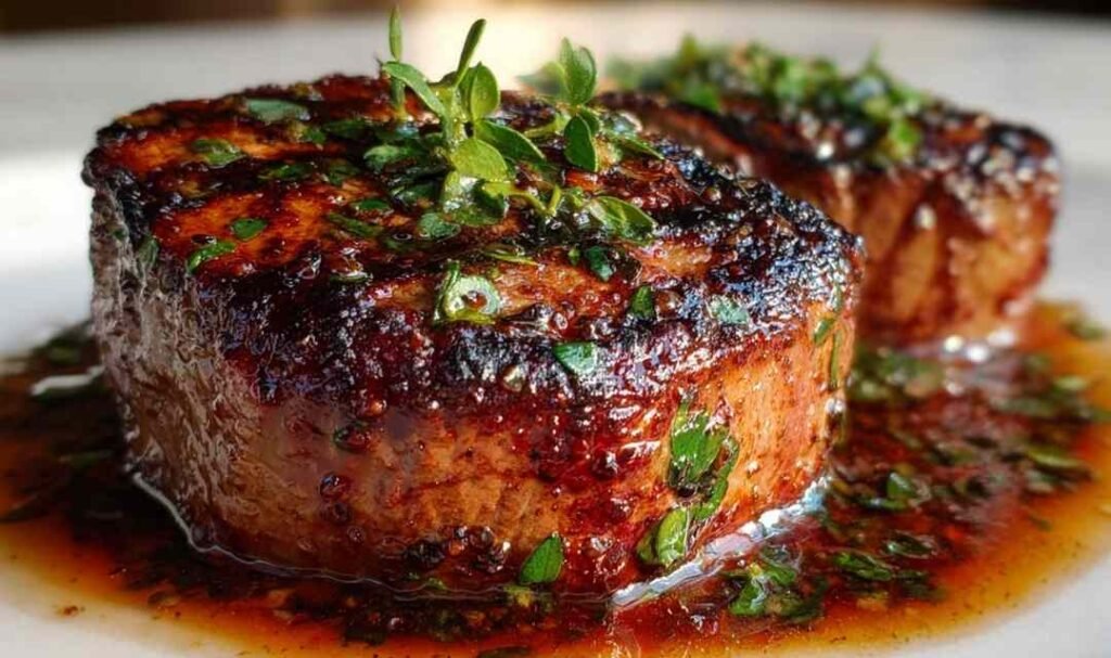 Valentine's Day dinner with a perfectly grilled ribeye steak drizzled with glossy red wine butter sauce and garnished with fresh parsley on a white plate