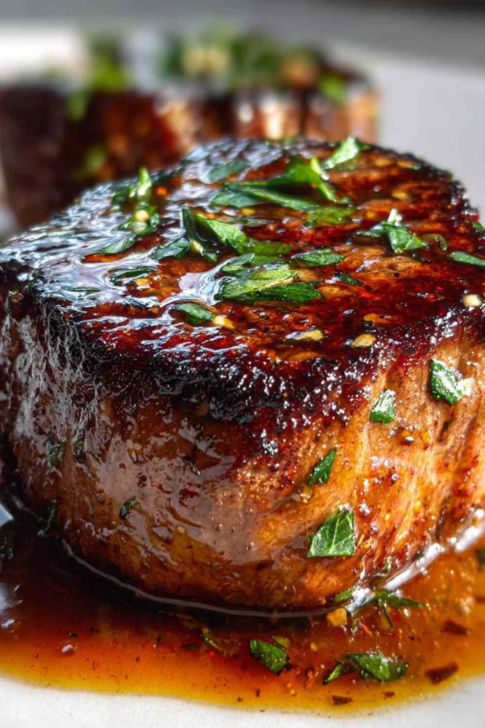 Valentine's Day dinner with a perfectly grilled ribeye steak drizzled with glossy red wine butter sauce and garnished with fresh parsley on a white plate