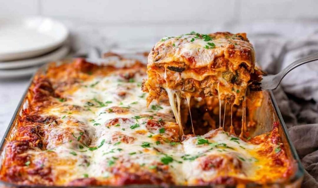 A slice of vegetable lasagna being lifted from a white baking dish showing distinct layers of creamy ricotta, marinara sauce, sauteed vegetables, and melted mozzarella cheese