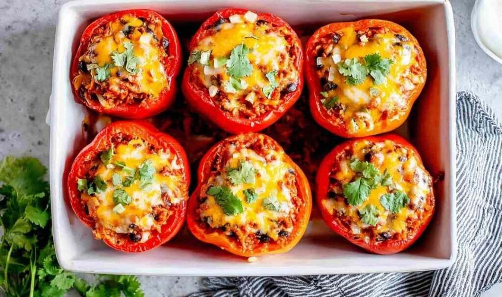 Six colorful vegetarian stuffed peppers in a baking dish with melted cheese and fresh cilantro garnish