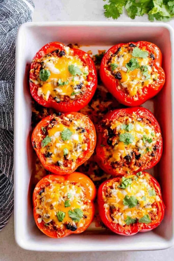 Six colorful vegetarian stuffed peppers in a baking dish with melted cheese and fresh cilantro garnish