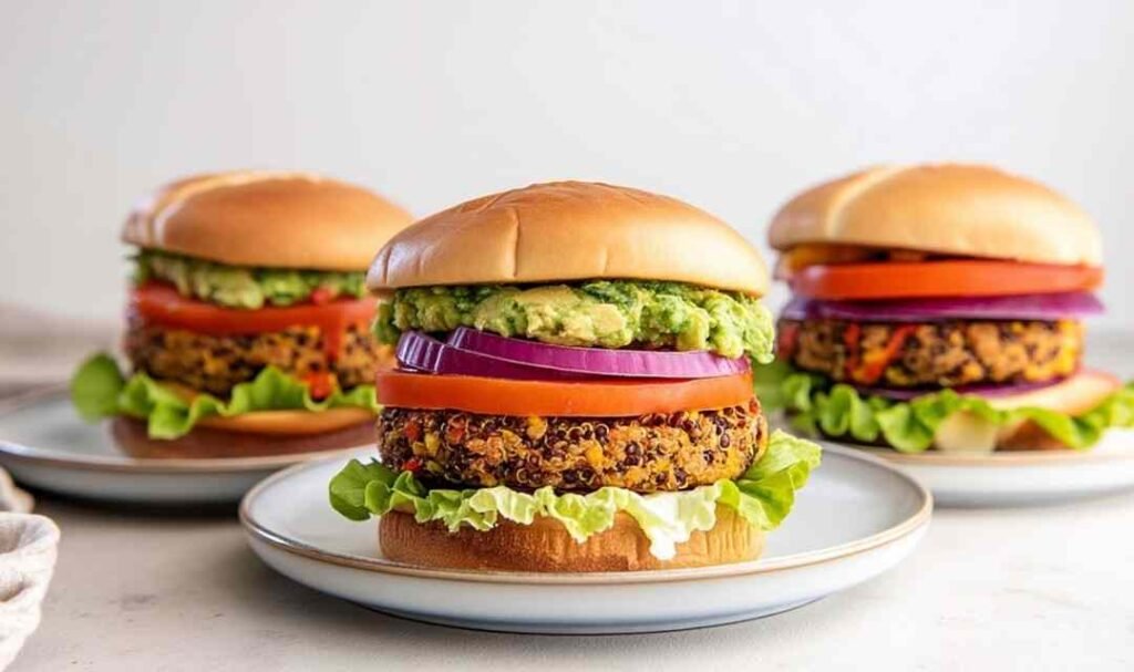 Homemade veggie burger recipe with quinoa patties served on a toasted bun with lettuce and tomato
