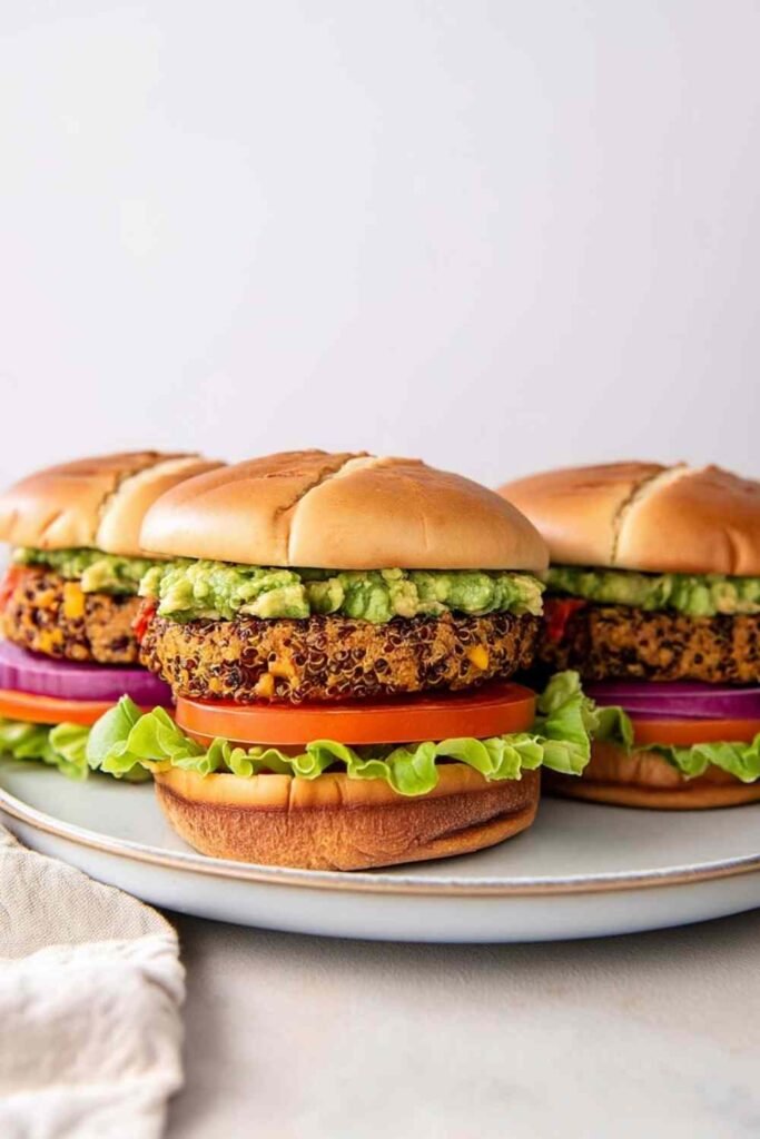 Homemade veggie burger recipe with quinoa patties served on a toasted bun with lettuce and tomato