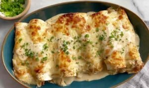 White Rotisserie Chicken Enchiladas baked golden with creamy green chile white sauce and melted Monterey Jack cheese in a 9x13 baking dish