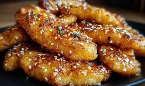 Raw chicken tenders being coated in honey butter garlic mixture and pressed into panko breadcrumbs before going into the air fryer basket