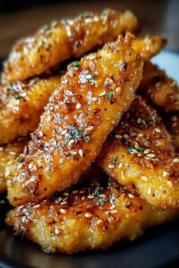 Raw chicken tenders being coated in honey butter garlic mixture and pressed into panko breadcrumbs before going into the air fryer basket