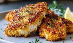 Golden air fryer parmesan crusted chicken cutlets on a white plate with a crispy breadcrumb and parmesan crust, sliced to show the juicy interior
