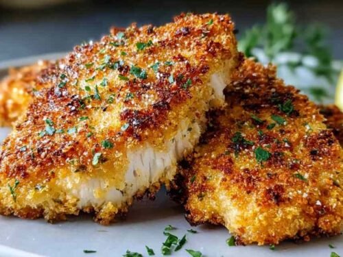 Golden air fryer parmesan crusted chicken cutlets on a white plate with a crispy breadcrumb and parmesan crust, sliced to show the juicy interior
