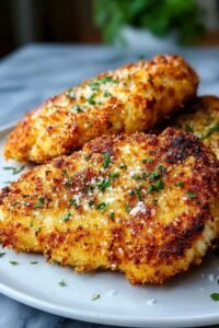 Golden air fryer parmesan crusted chicken cutlets on a white plate with a crispy breadcrumb and parmesan crust, sliced to show the juicy interior