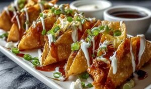 Crispy homemade Applebee's Chicken Wonton Tacos topped with Asian slaw, sweet chili sauce, cilantro, and sesame seeds on a serving platter