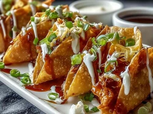 Crispy homemade Applebee's Chicken Wonton Tacos topped with Asian slaw, sweet chili sauce, cilantro, and sesame seeds on a serving platter