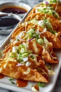 Crispy homemade Applebee's Chicken Wonton Tacos topped with Asian slaw, sweet chili sauce, cilantro, and sesame seeds on a serving platter