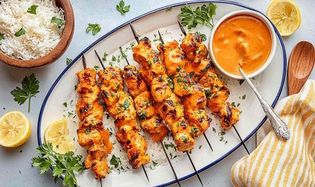 Baked apricot chicken skewers with caramelized glaze on a wire rack garnished with fresh parsley and green onions