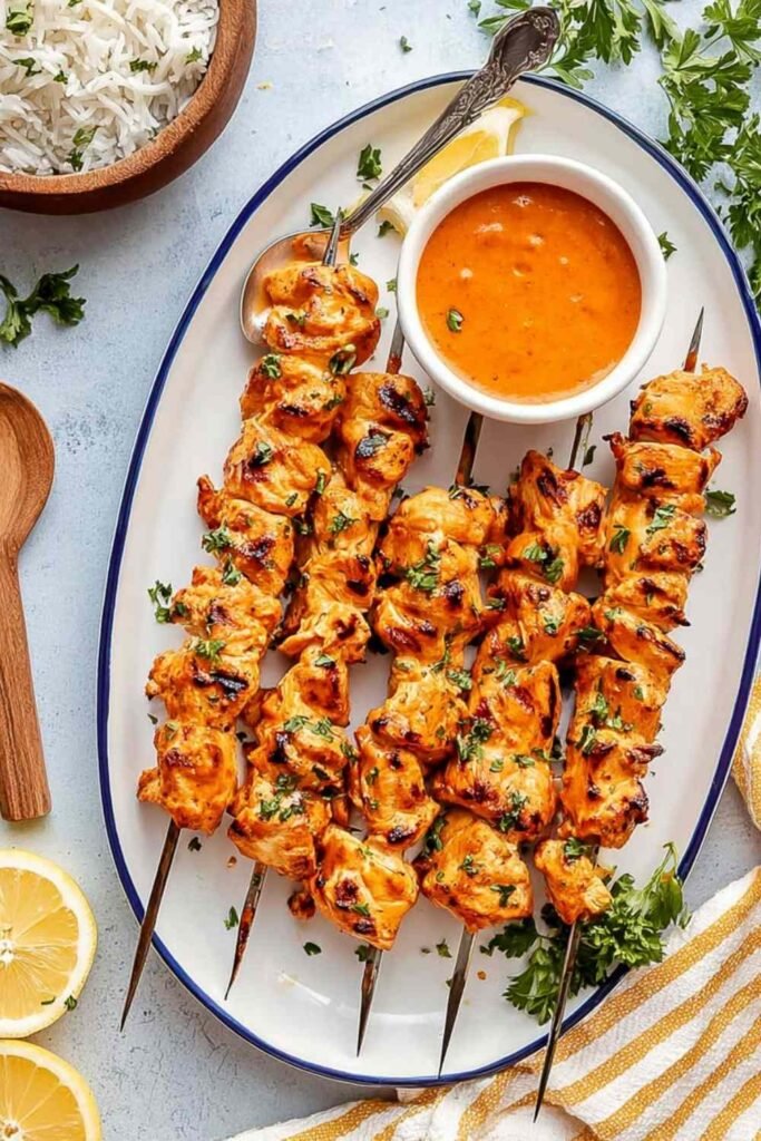Baked apricot chicken skewers with caramelized glaze on a wire rack garnished with fresh parsley and green onions