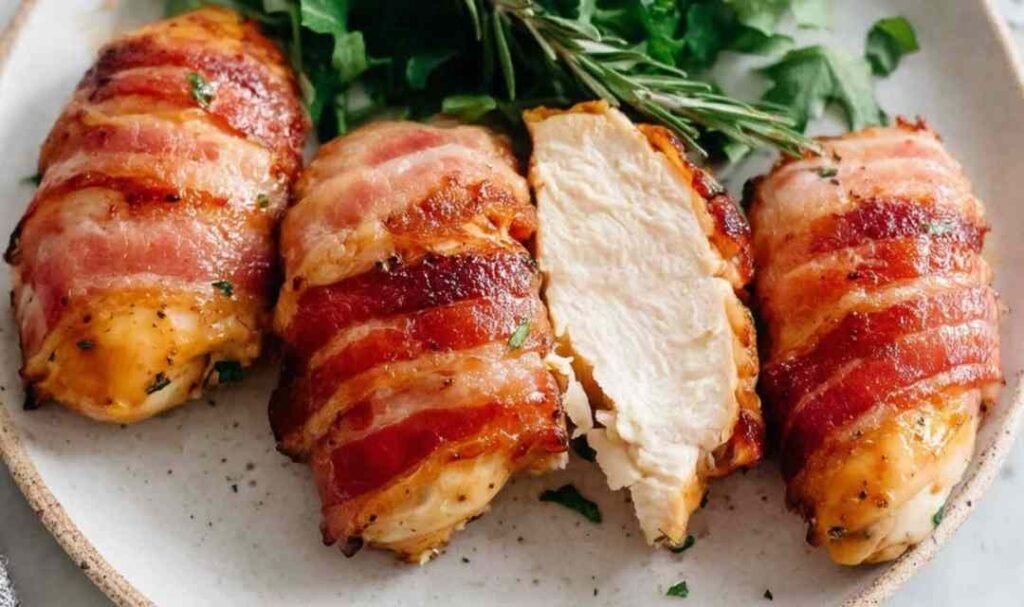 Bacon wrapped chicken breast with maple chili glaze in a baking dish, golden and caramelized