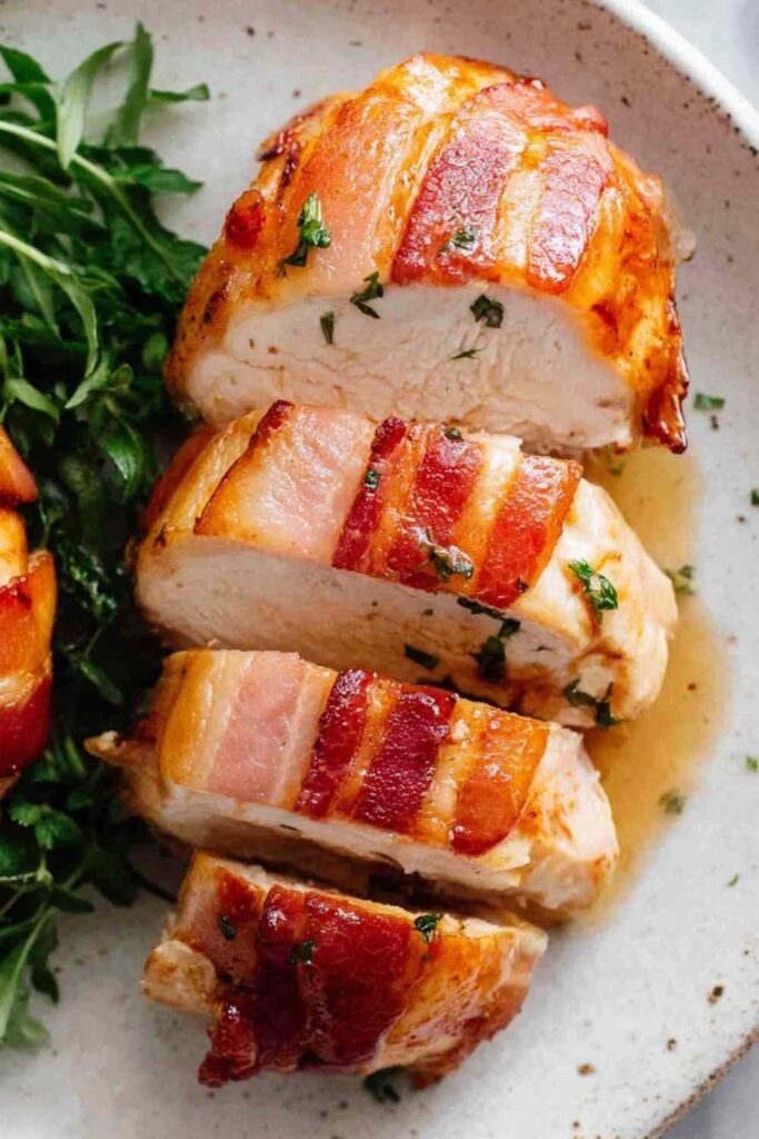 Bacon wrapped chicken breast with maple chili glaze in a baking dish, golden and caramelized