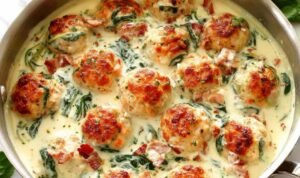 Baked chicken ricotta meatballs in creamy spinach Alfredo sauce topped with crispy bacon and fresh parsley served in a skillet