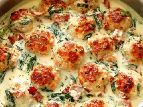 Baked chicken ricotta meatballs in creamy spinach Alfredo sauce topped with crispy bacon and fresh parsley served in a skillet