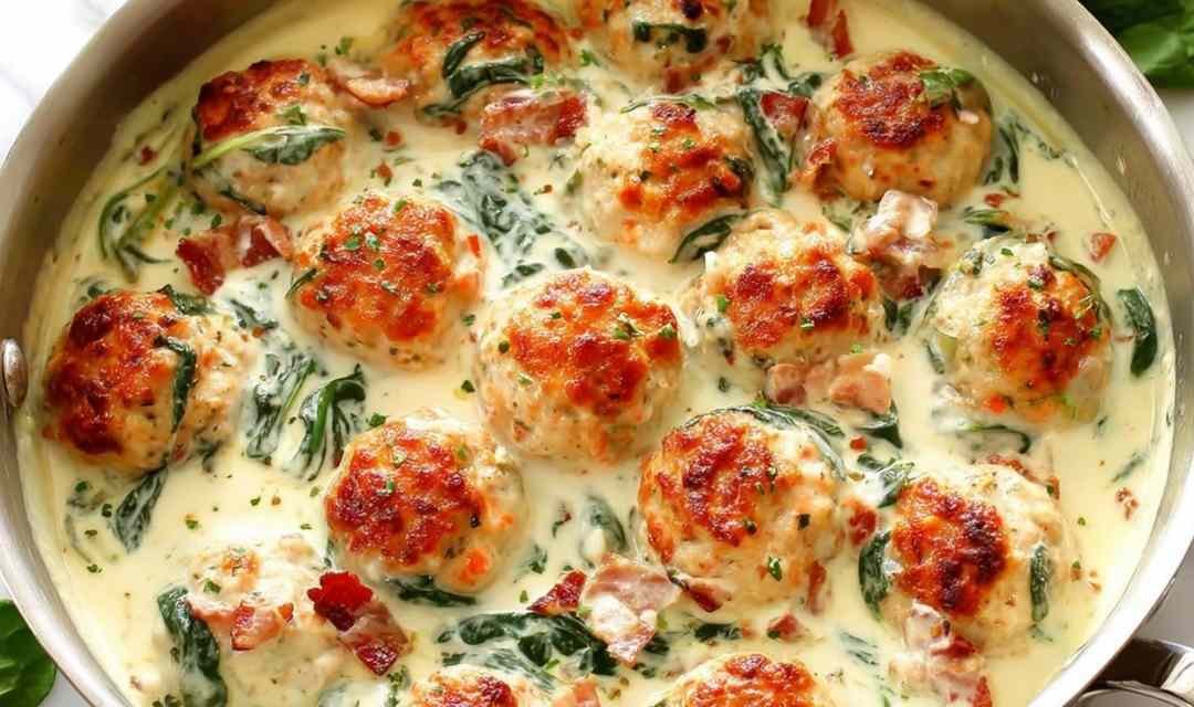 Baked Chicken Ricotta Meatballs with Spinach Alfredo Sauce