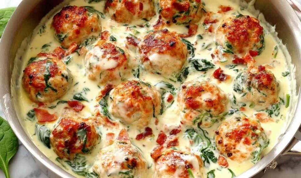 Baked chicken ricotta meatballs in creamy spinach Alfredo sauce topped with crispy bacon and fresh parsley served in a skillet