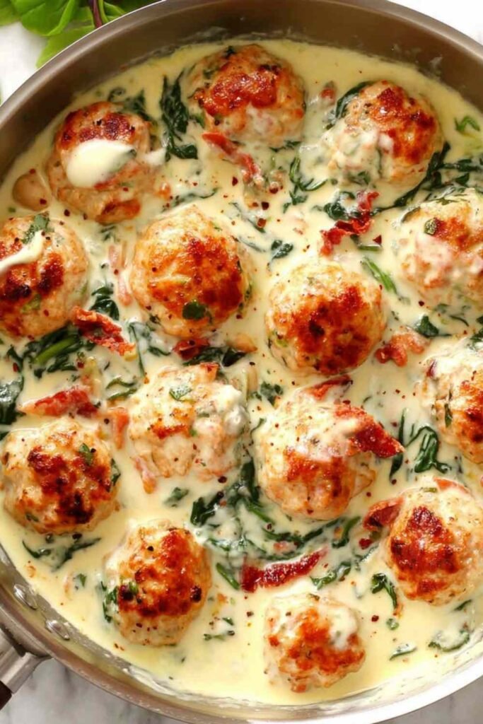 Baked chicken ricotta meatballs in creamy spinach Alfredo sauce topped with crispy bacon and fresh parsley served in a skillet