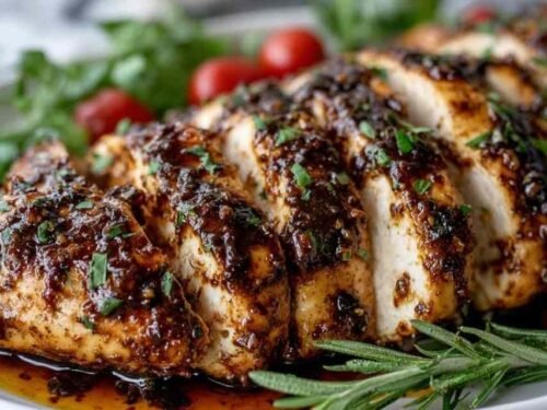 Juicy balsamic baked chicken breast in a white baking dish with golden caramelized glaze