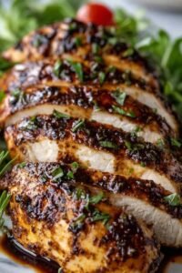 Juicy balsamic baked chicken breast in a white baking dish with golden caramelized glaze