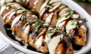 Balsamic baked chicken breast with mozzarella cheese and cherry tomatoes served in a white baking dish