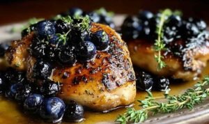 Sliced blueberry thyme chicken breast topped with glossy blueberry balsamic sauce and fresh thyme