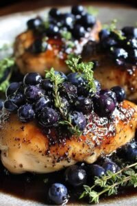 Sliced blueberry thyme chicken breast topped with glossy blueberry balsamic sauce and fresh thyme