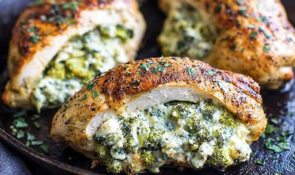 Broccoli cheese stuffed chicken breast sliced open on a white dinner plate showing creamy cheddar and broccoli filling