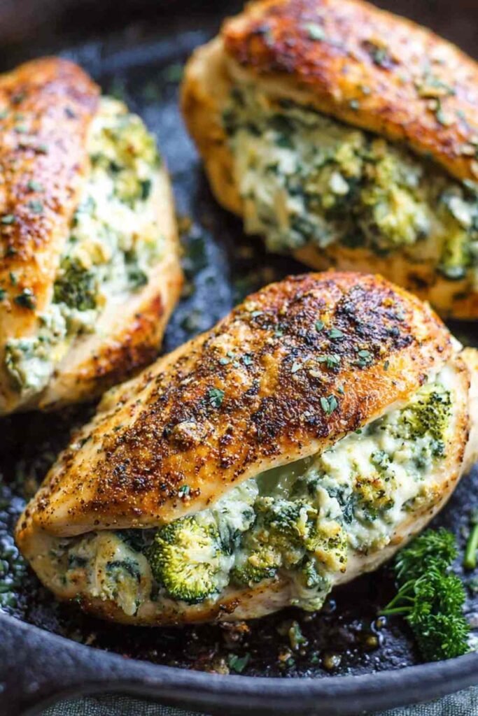 Broccoli cheese stuffed chicken breast sliced open on a white dinner plate showing creamy cheddar and broccoli filling
