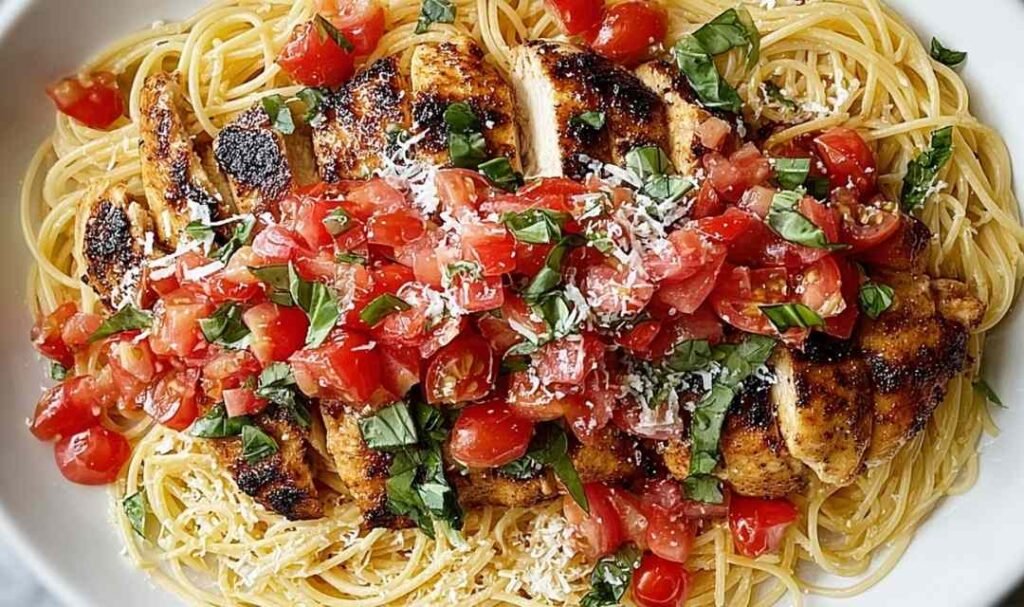 Bruschetta Chicken Pasta with sliced baked chicken breast, fresh tomato basil bruschetta topping, and grated Parmesan in a white bowl